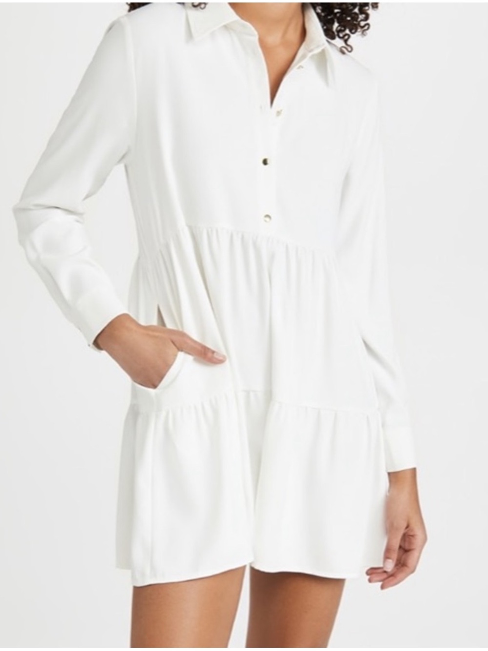 Amanda Uprichard White Tiered Long Sleeve Shirt Dress Mini Brass Buttons Sz S